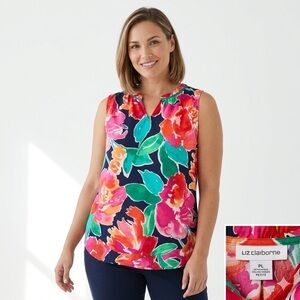 Liz Claiborne Floral V-Neck Tank Top | Vibrant Pink & Orange Summer Blouse PL